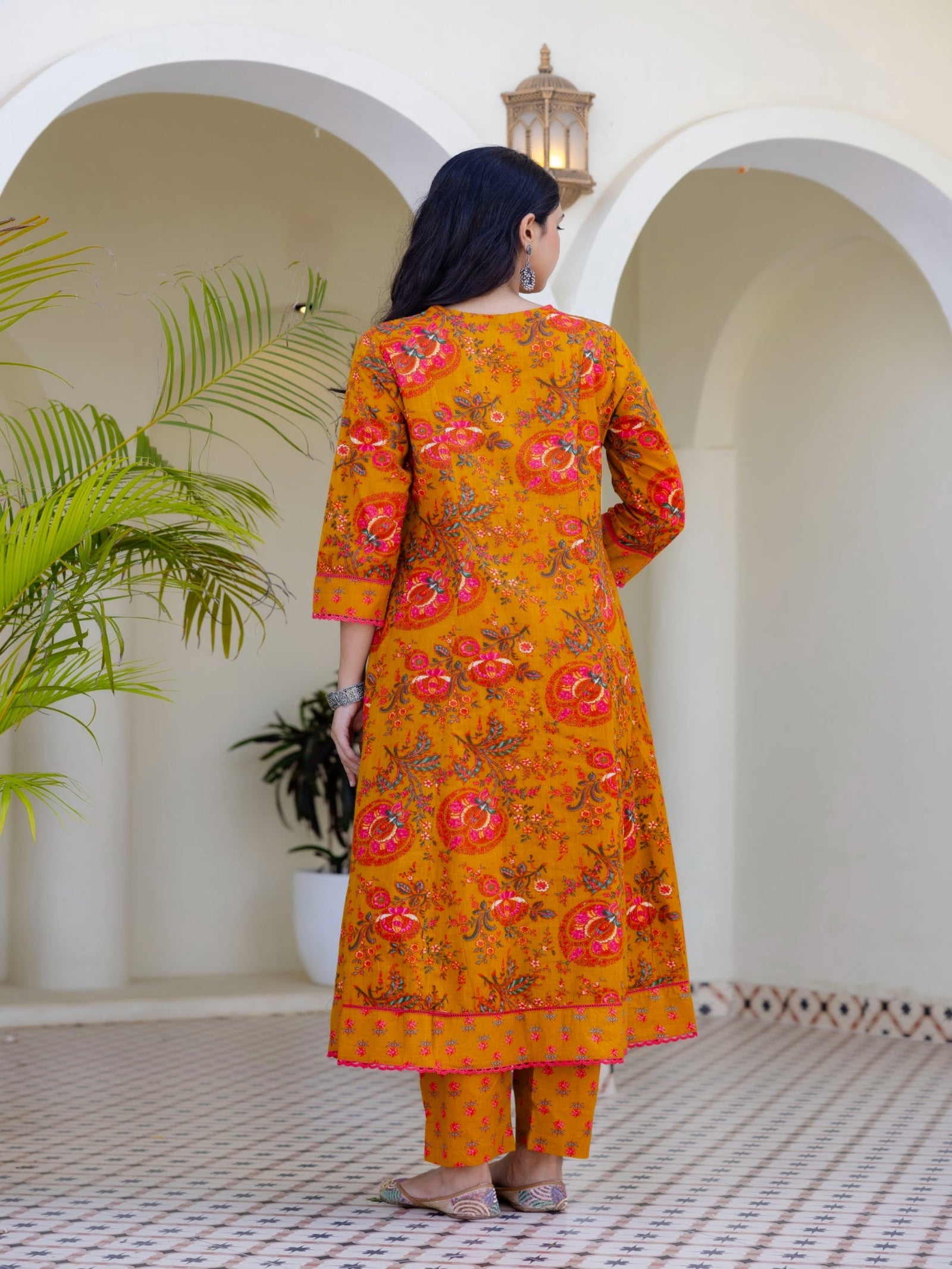 Maluka Women Mustard Cotton Kurta Pant Duptta Set