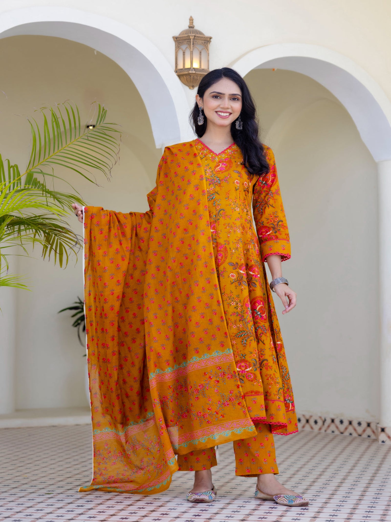 Maluka Women Mustard Cotton Kurta Pant Duptta Set