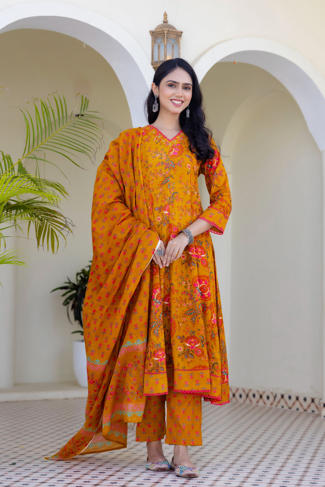 Maluka Women Mustard Cotton Kurta Pant Duptta Set