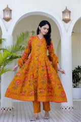 Maluka Women Mustard Cotton Kurta Pant Duptta Set