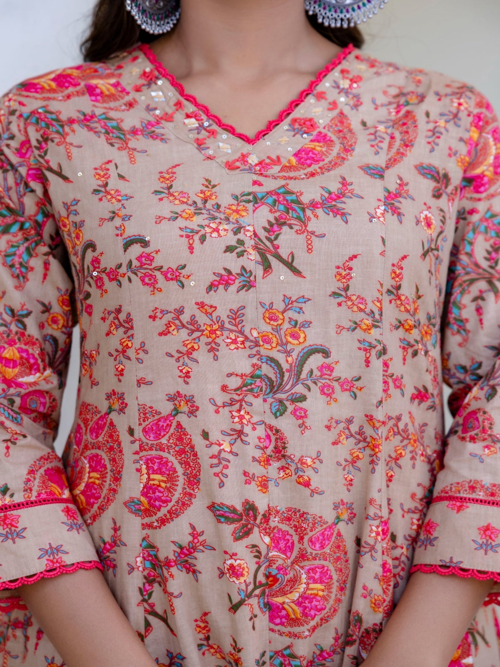 Maluka Women Brown Cotton Kurta Pant Duptta Set