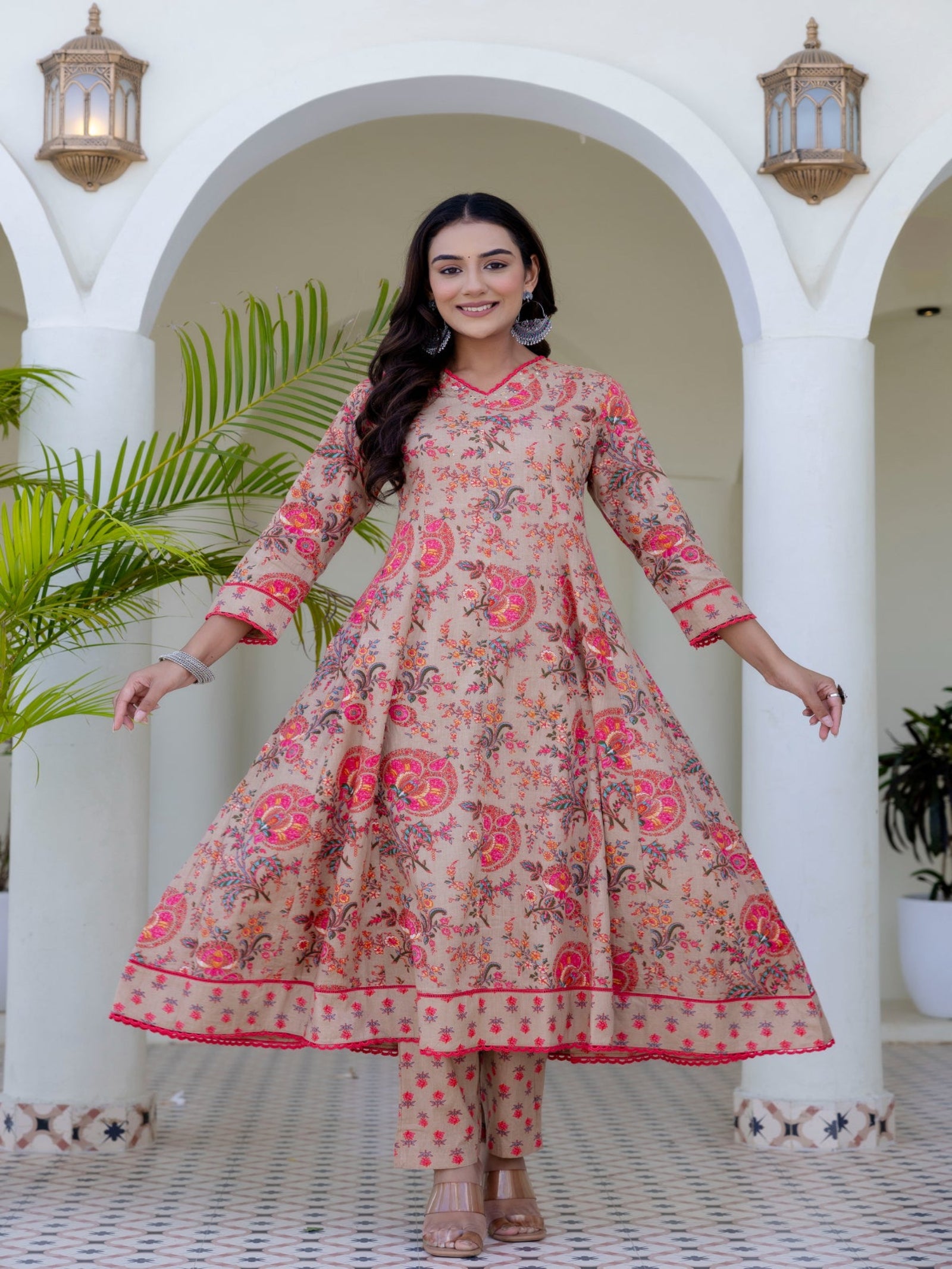 Maluka Women Brown Cotton Kurta Pant Duptta Set