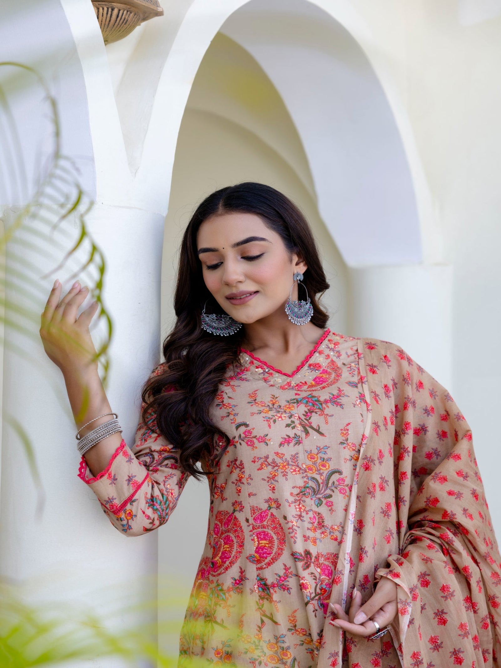 Maluka Women Brown Cotton Kurta Pant Duptta Set