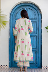 Maluka Women Off White Cotton Kurta Pant Duptta Set