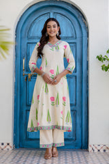 Maluka Women Off White Cotton Kurta Pant Duptta Set