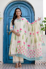 Maluka Women Off White Cotton Kurta Pant Duptta Set