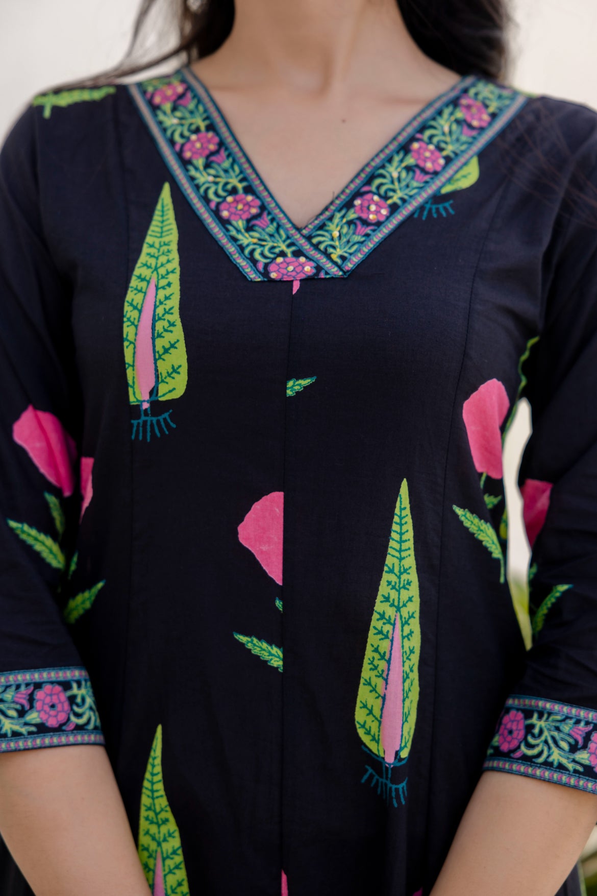 Maluka Women Black Cotton Kurta Pant Duptta Set