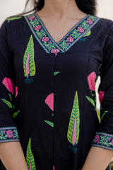Maluka Women Black Cotton Kurta Pant Duptta Set
