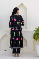 Maluka Women Black Cotton Kurta Pant Duptta Set