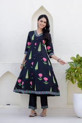 Maluka Women Black Cotton Kurta Pant Duptta Set