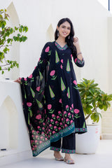Maluka Women Black Cotton Kurta Pant Duptta Set