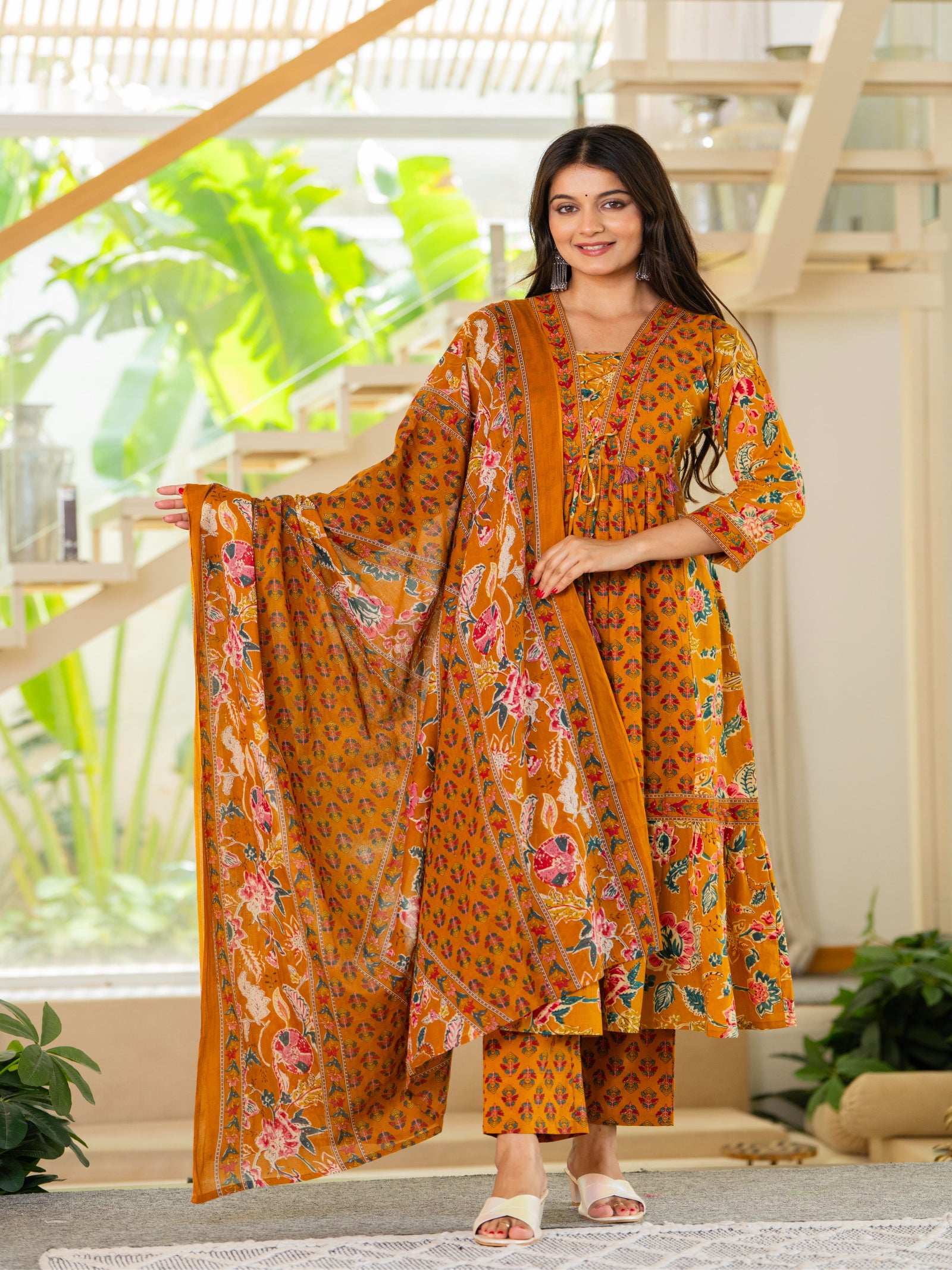 Maluka Women Mustard Cotton Kurta Pant Duptta Set