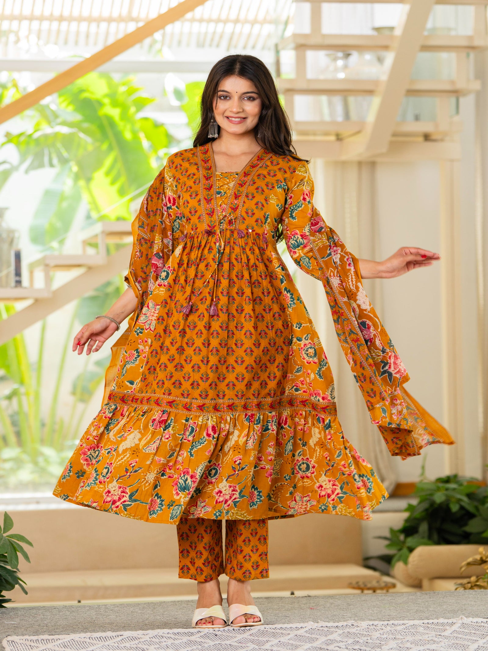 Maluka Women Mustard Cotton Kurta Pant Duptta Set