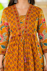 Maluka Women Mustard Cotton Kurta Pant Duptta Set
