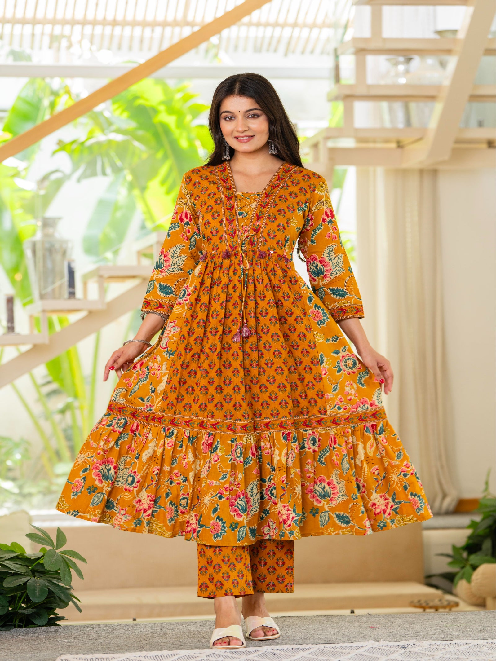 Maluka Women Mustard Cotton Kurta Pant Duptta Set