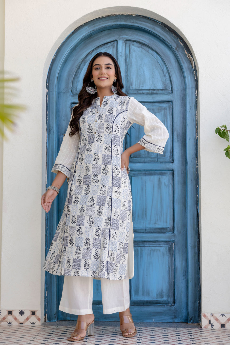 Maluka Women Light Blue Cotton Emb. Kurta Pant Duptta Set