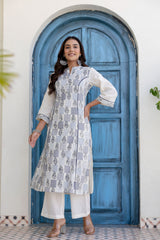 Maluka Women Light Blue Cotton Emb. Kurta Pant Duptta Set