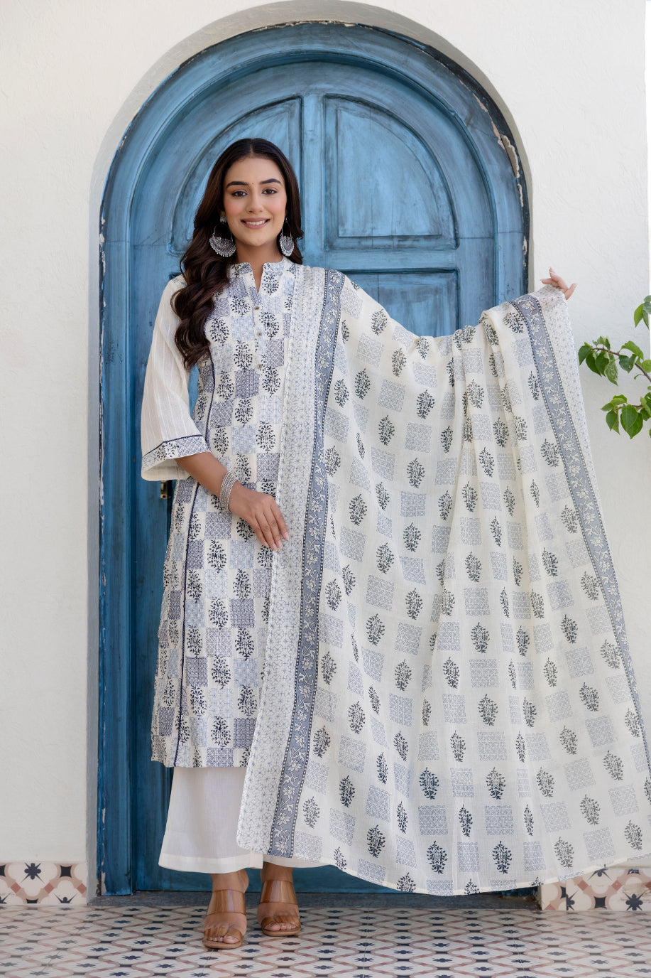 Maluka Women Light Blue Cotton Emb. Kurta Pant Duptta Set