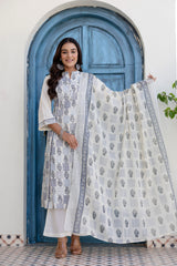Maluka Women Light Blue Cotton Emb. Kurta Pant Duptta Set
