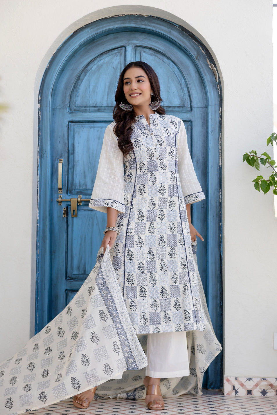 Maluka Women Light Blue Cotton Emb. Kurta Pant Duptta Set