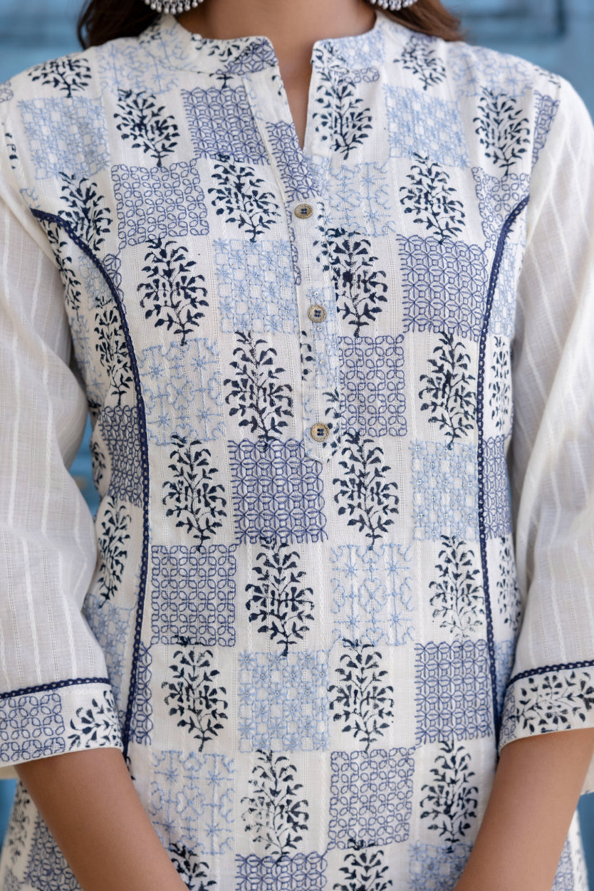 Maluka Women Light Blue Cotton Emb. Kurta Pant Duptta Set