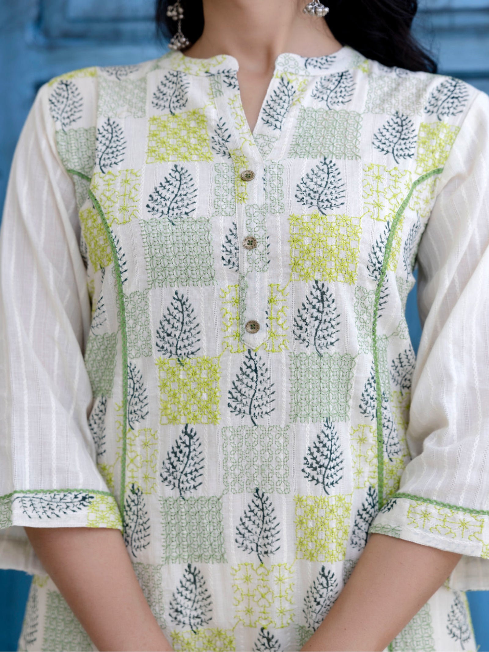 Maluka Women Green Cotton Emb. Kurta Pant Duptta Set