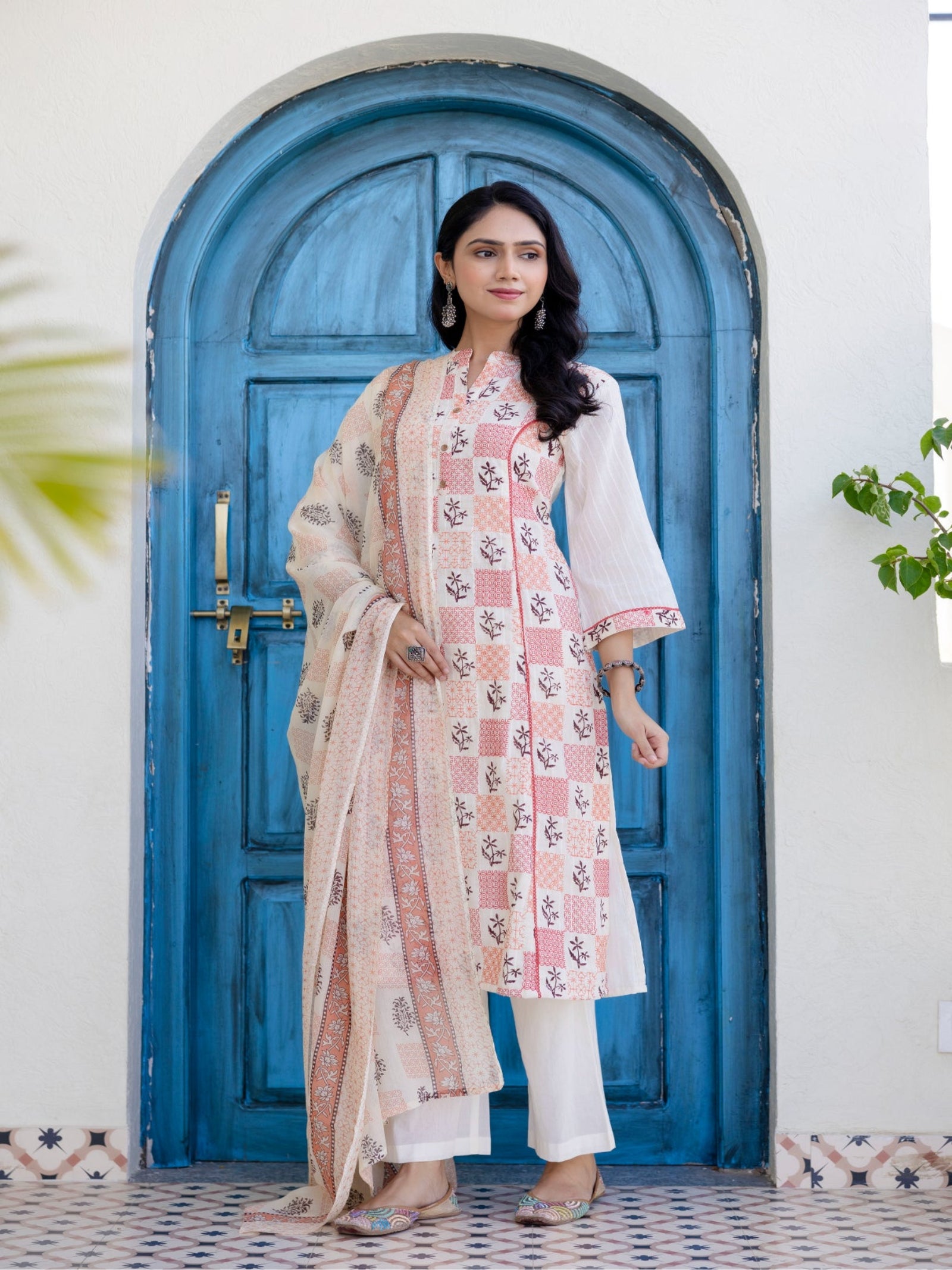 Maluka Women Red Cotton Emb. Kurta Pant Duptta Set