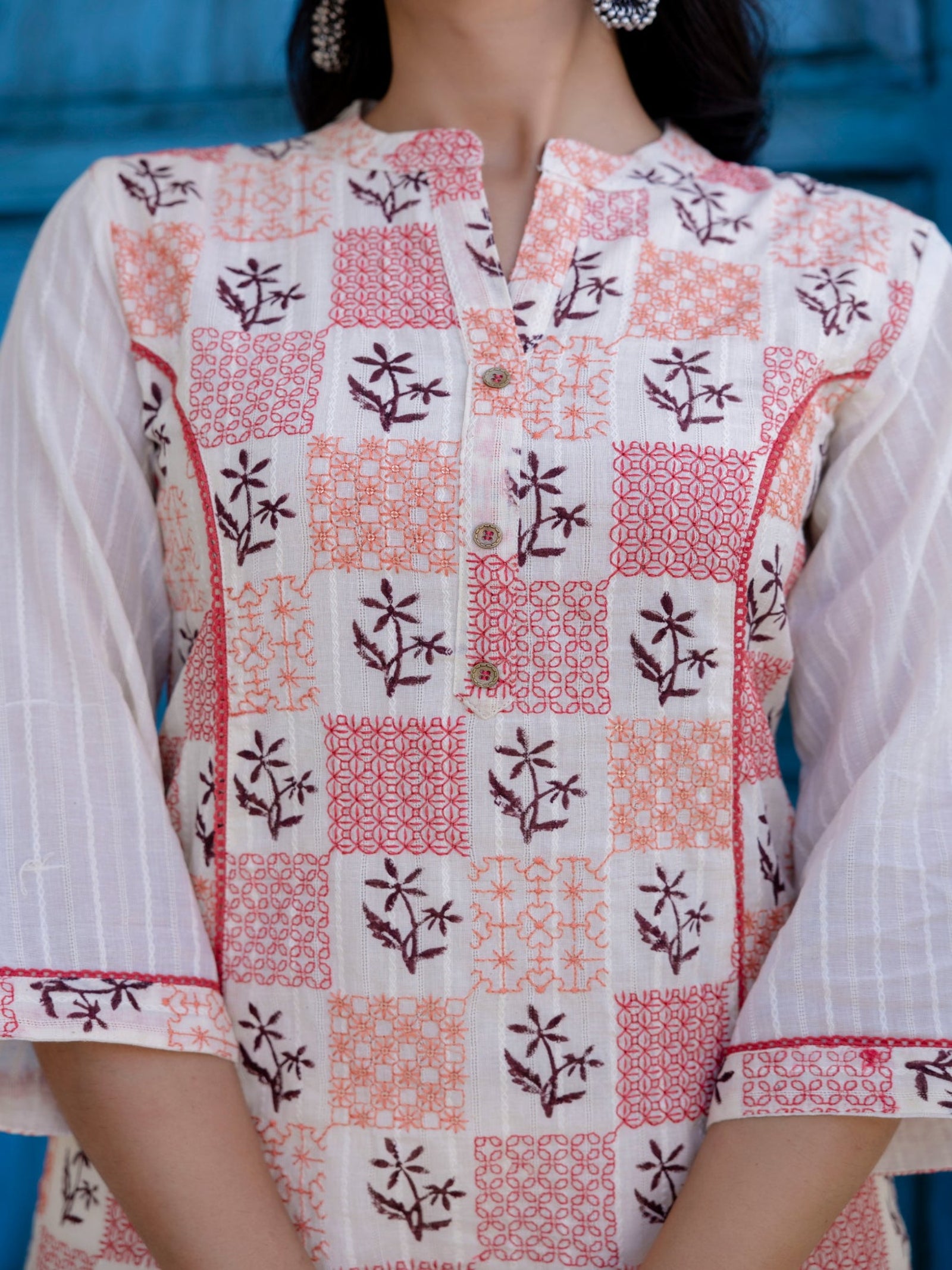 Maluka Women Red Cotton Emb. Kurta Pant Duptta Set