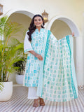 Maluka Women Light Green Cotton Emb. Kurta Pant Duptta Set