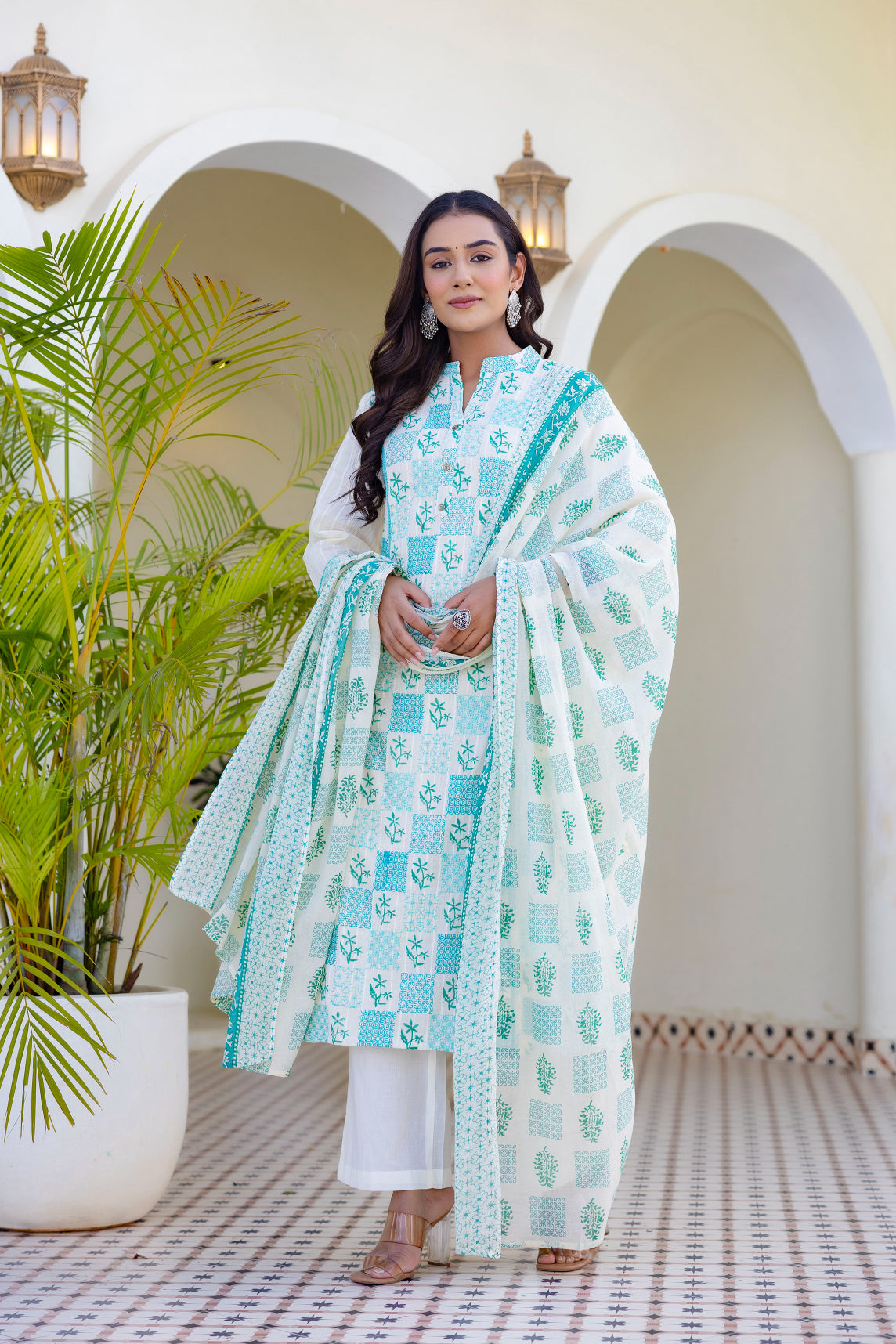 Maluka Women Light Green Cotton Emb. Kurta Pant Duptta Set