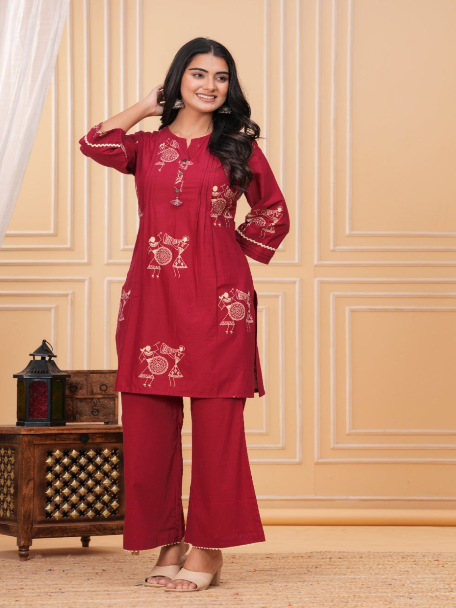 Maluka Women Red Cotton Kurta Pant Set