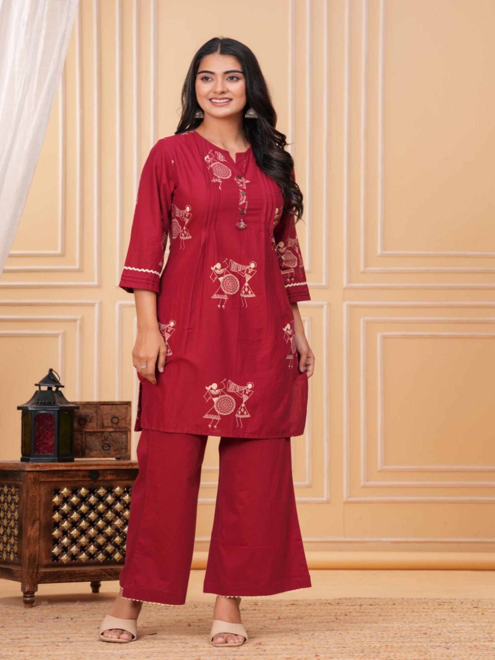 Maluka Women Red Cotton Kurta Pant Set