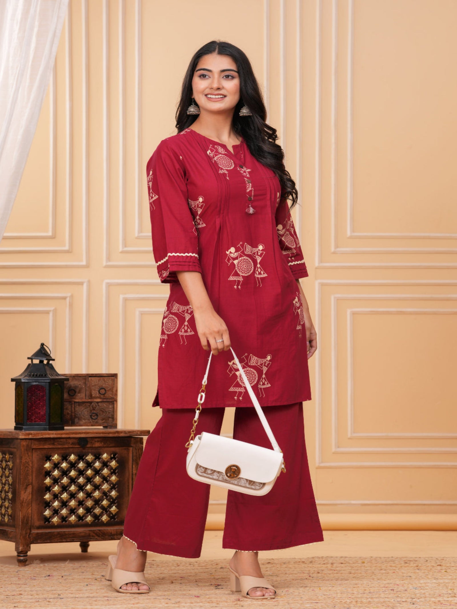 Maluka Women Red Cotton Kurta Pant Set