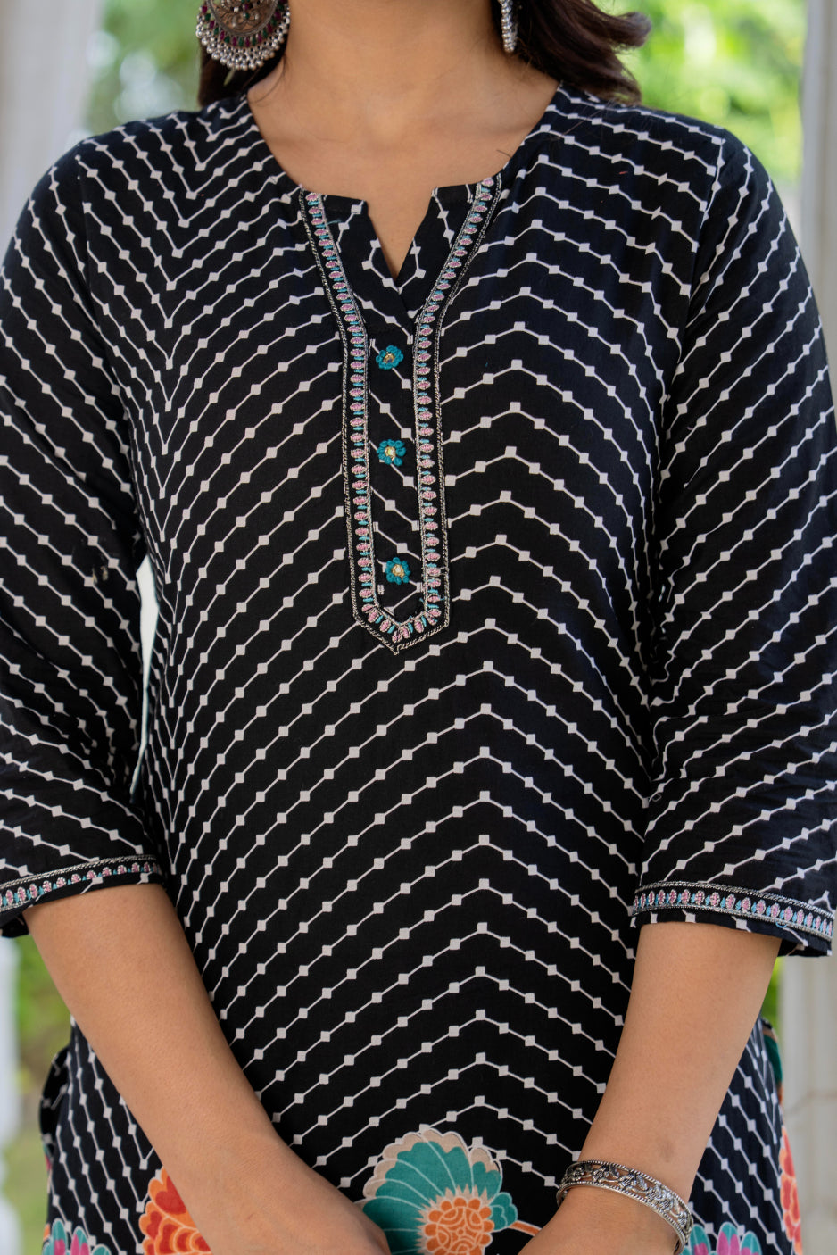 Maluka Women Cotton Black Kurta Pant Duptta Set