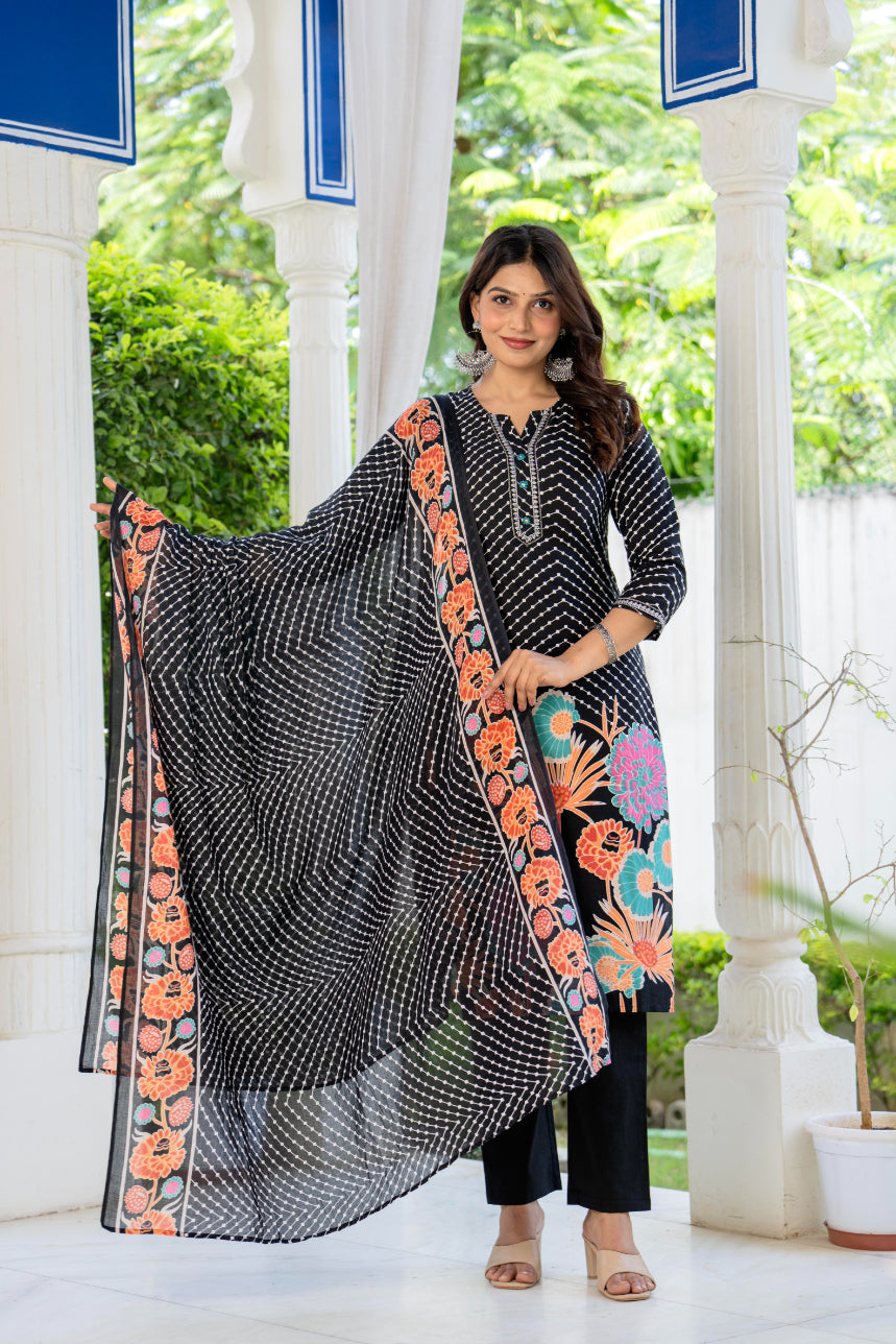 Maluka Women Cotton Black Kurta Pant Duptta Set