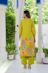 Maluka Women Cotton Green Kurta Pant Duptta Set