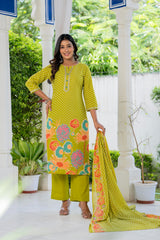 Maluka Women Cotton Green Kurta Pant Duptta Set