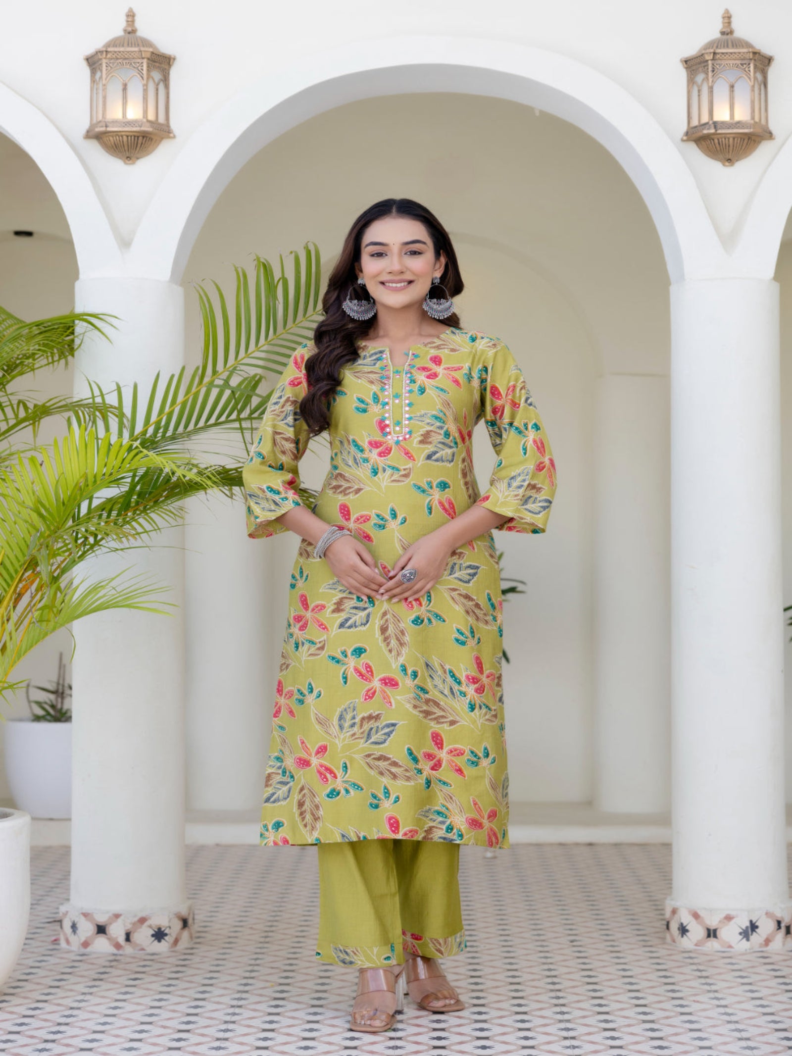Maluka Women Green Cotton Kurta Pant Duptta Set