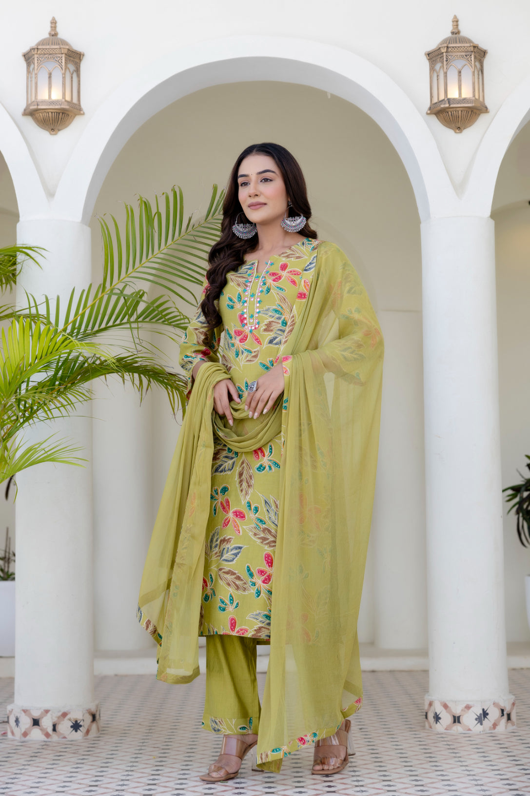 Maluka Women Green Cotton Kurta Pant Duptta Set