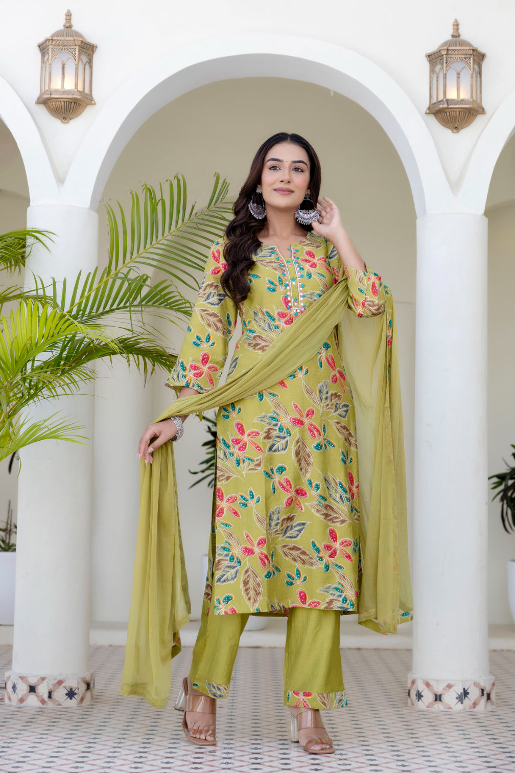 Maluka Women Green Cotton Kurta Pant Duptta Set