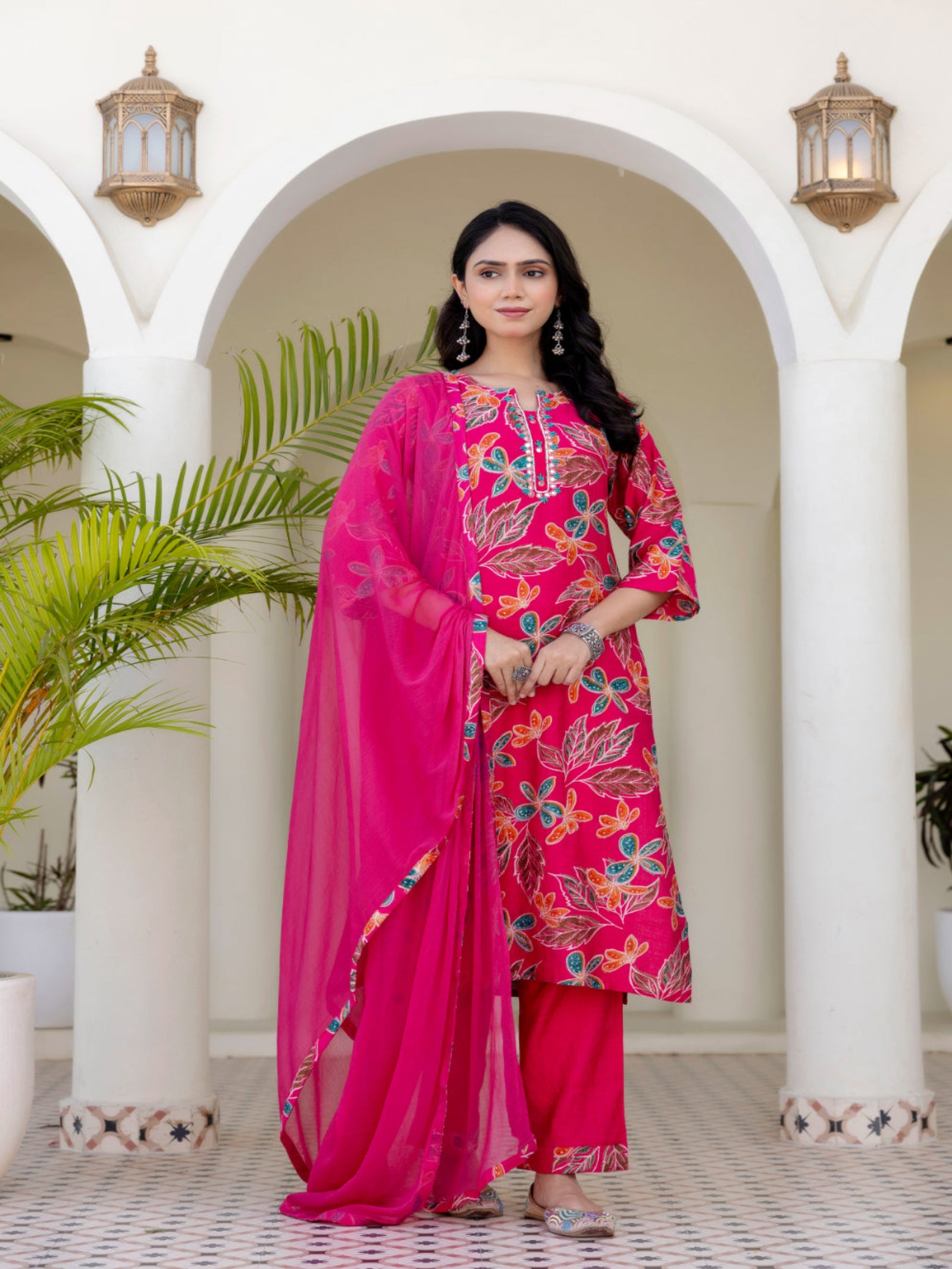 Maluka Women Pink Cotton Kurta Pant Duptta Set