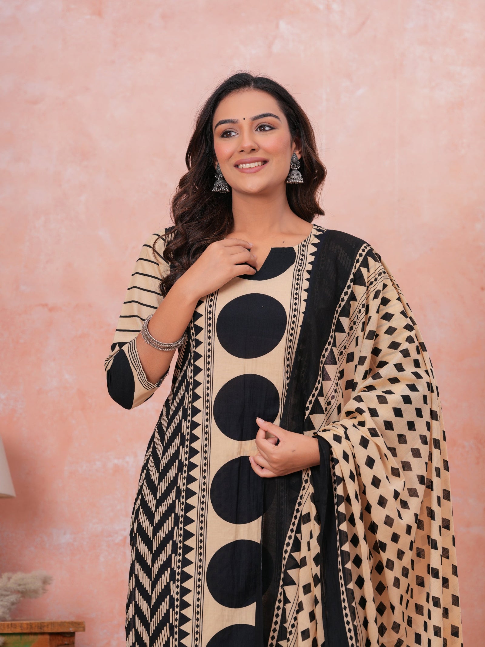 M2360_S_Black ZigZag Kurta Pant With Dupatta Set