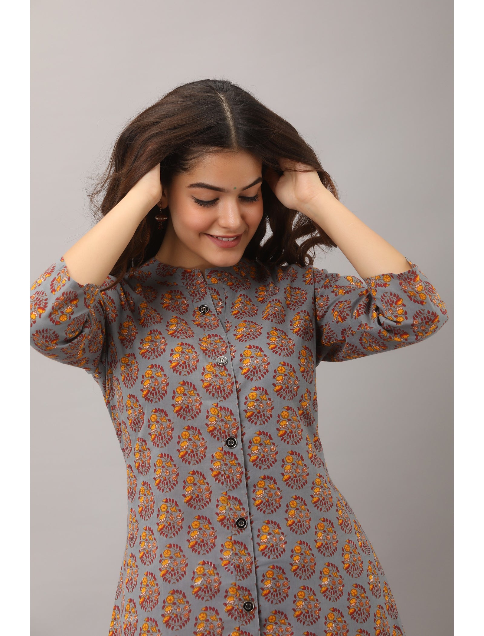 Maluka Women’s A-Line Cotton Floral Print Kurta with Button Work, 3/4 Sleeve & Mandarin Collar