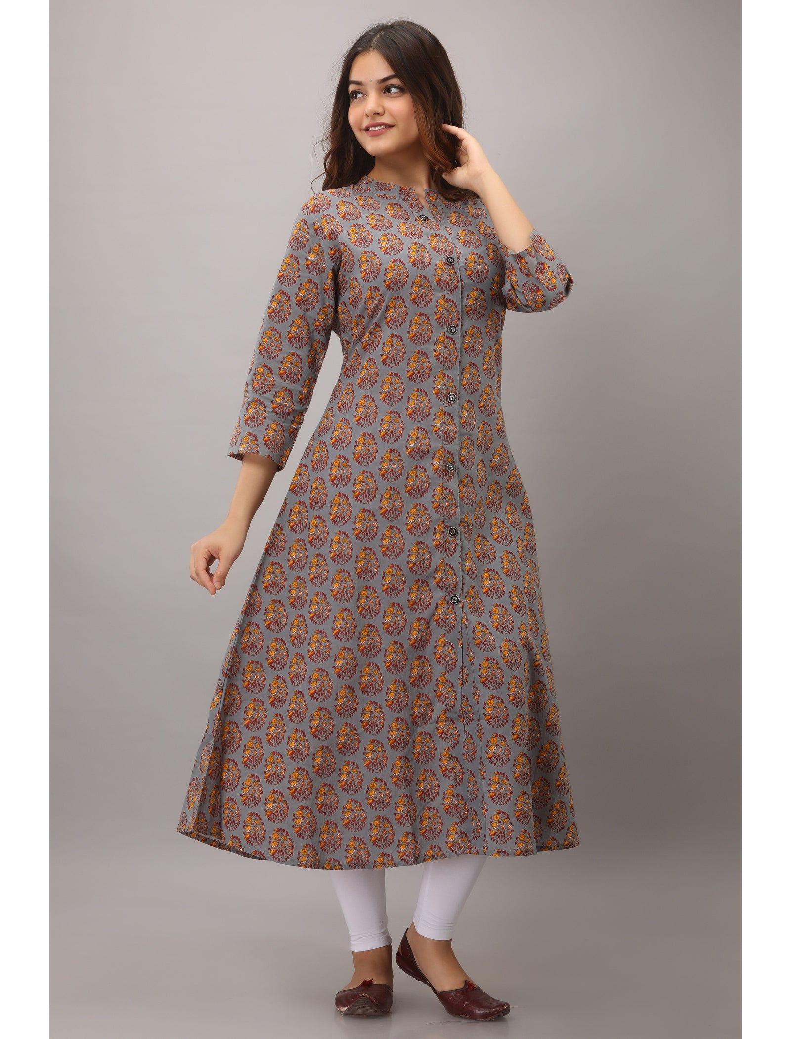 Maluka Women’s A-Line Cotton Floral Print Kurta with Button Work, 3/4 Sleeve & Mandarin Collar