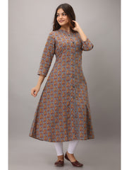 Maluka Women’s A-Line Cotton Floral Print Kurta with Button Work, 3/4 Sleeve & Mandarin Collar