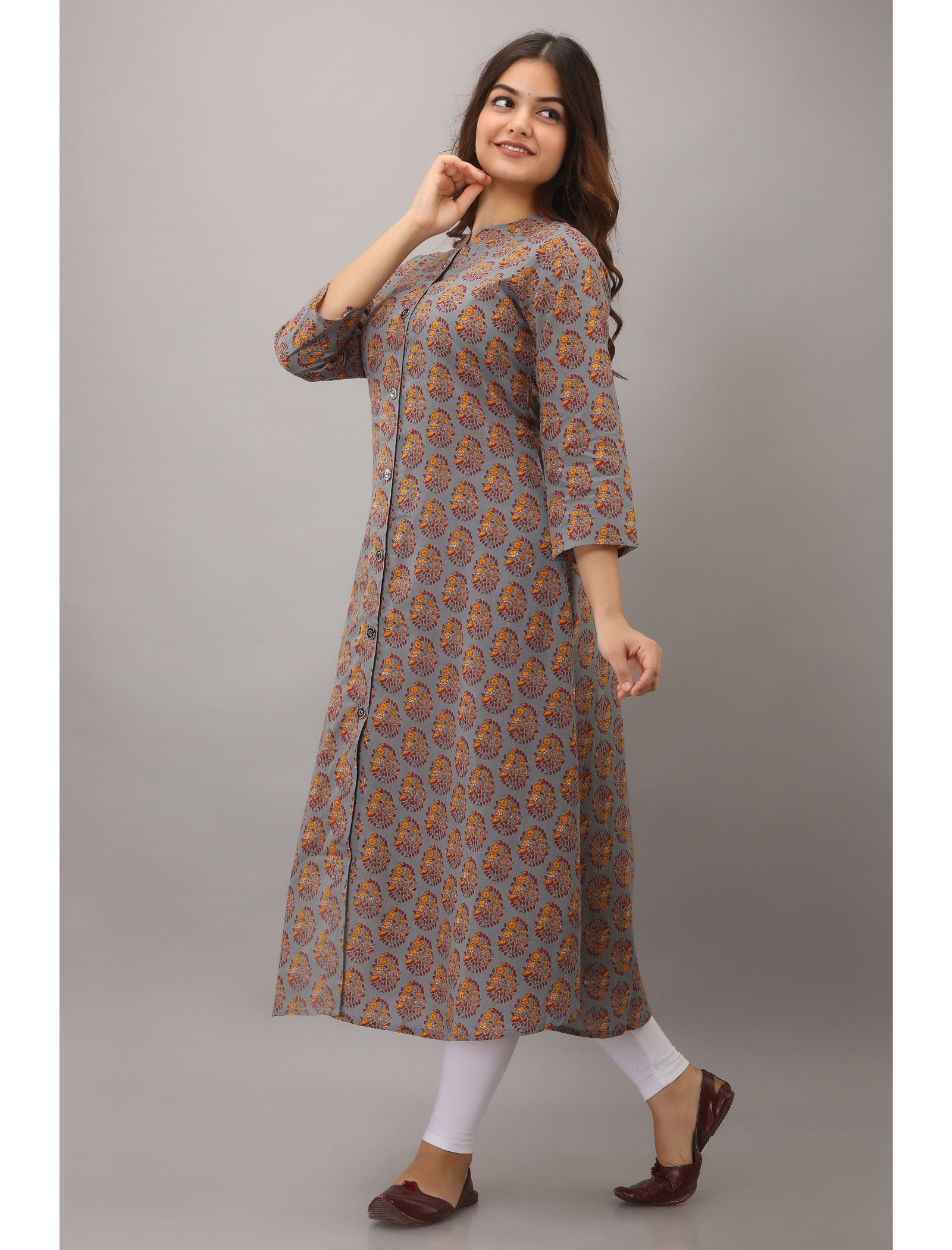 Maluka Women’s A-Line Cotton Floral Print Kurta with Button Work, 3/4 Sleeve & Mandarin Collar