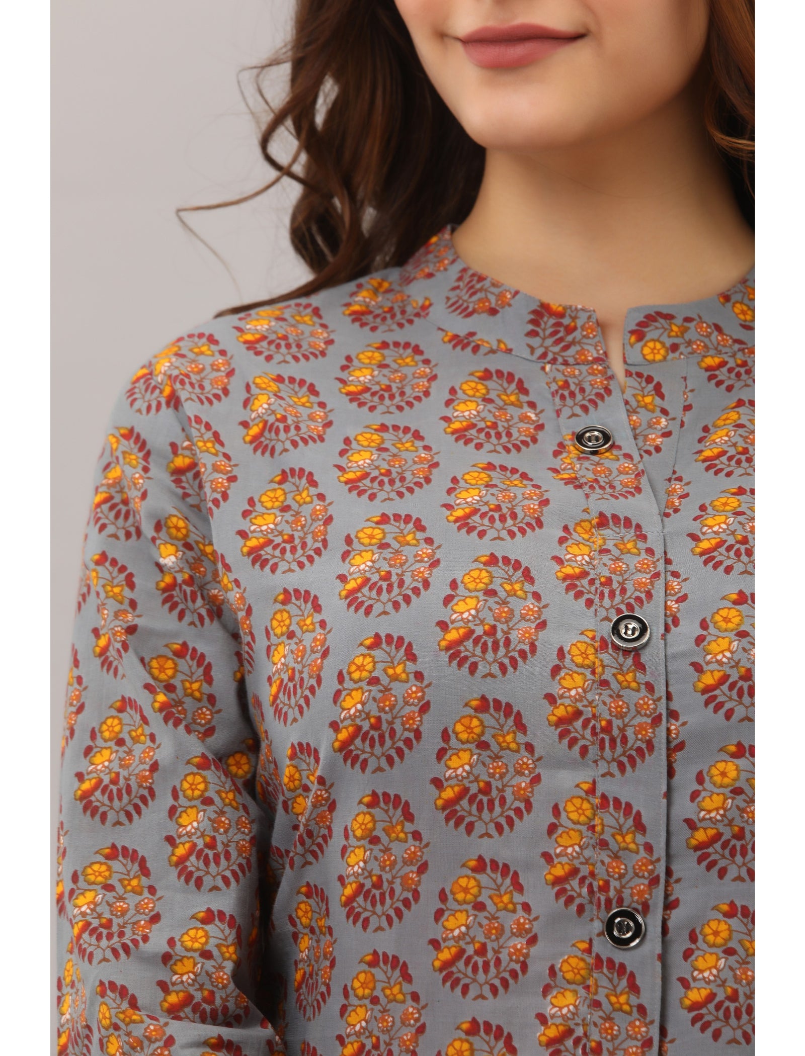 Maluka Women’s A-Line Cotton Floral Print Kurta with Button Work, 3/4 Sleeve & Mandarin Collar