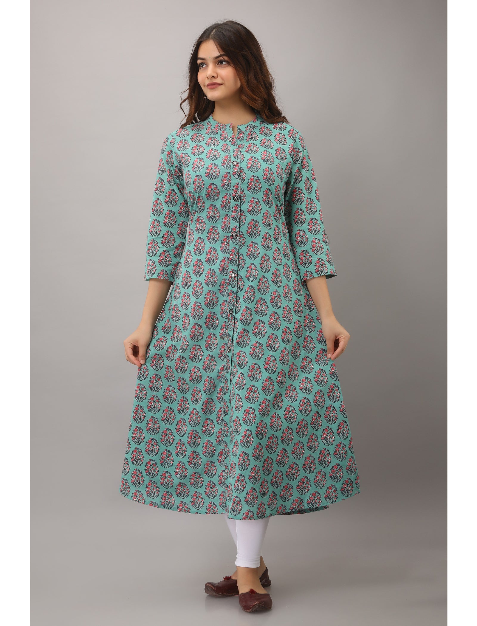 Maluka Women’s A-Line Cotton Floral Print Kurta with Button Work, 3/4 Sleeve & Mandarin Collar