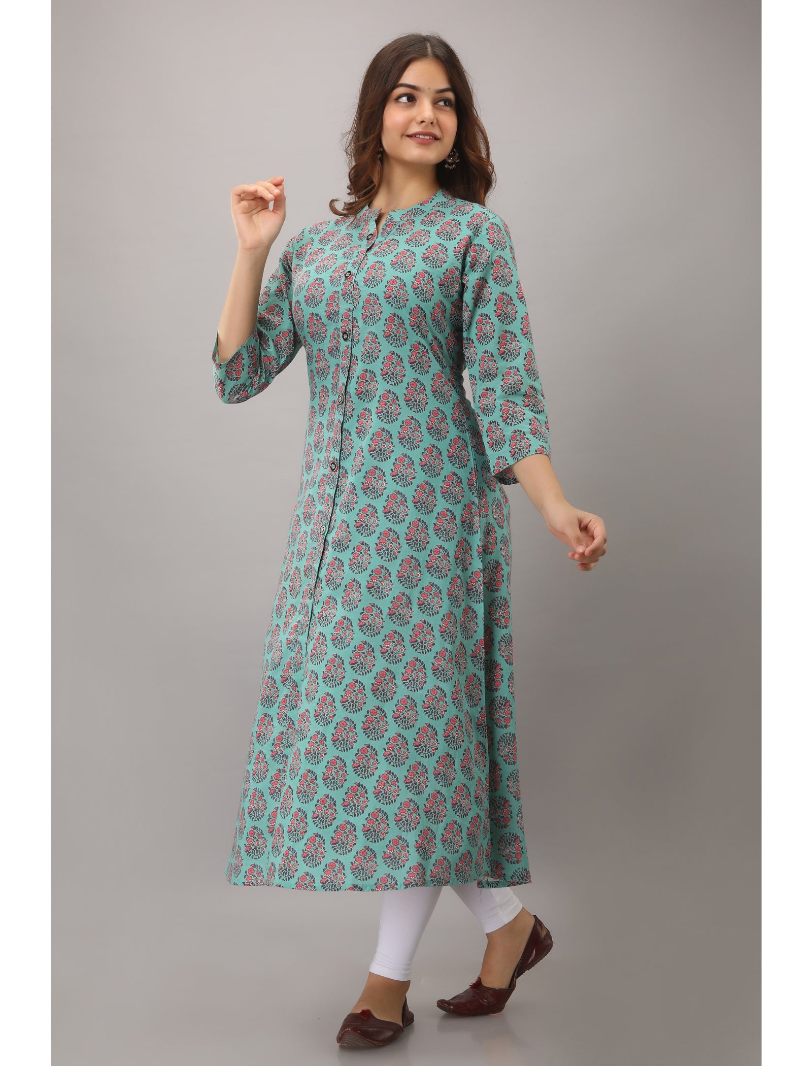 Maluka Women’s A-Line Cotton Floral Print Kurta with Button Work, 3/4 Sleeve & Mandarin Collar