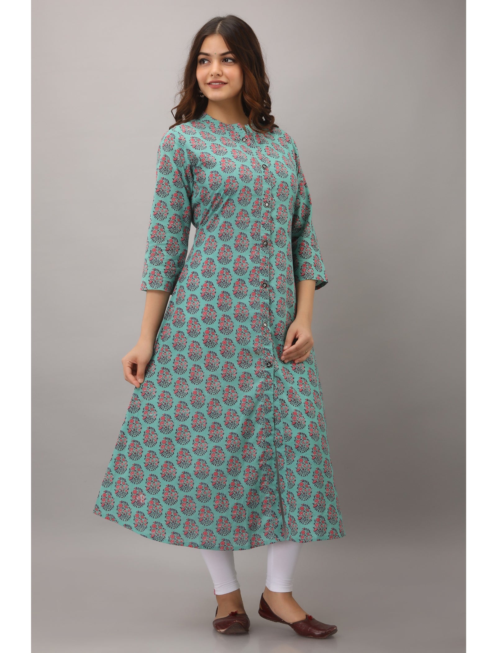 Maluka Women’s A-Line Cotton Floral Print Kurta with Button Work, 3/4 Sleeve & Mandarin Collar